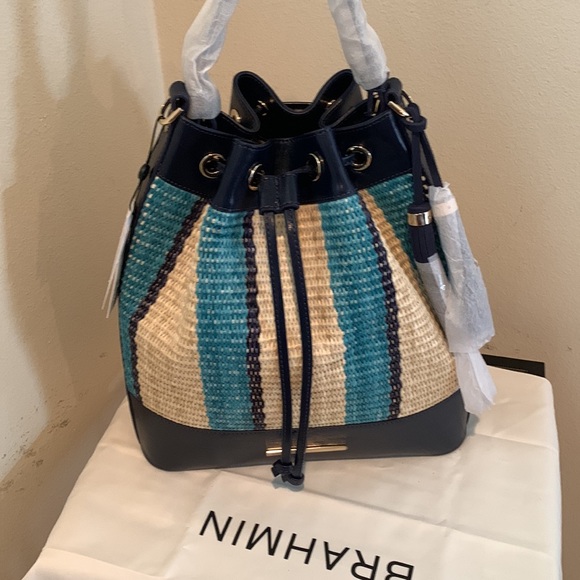 Anguilla Collection Marlowe Striped Drawstring Straw Bucket Shoulder - Picture 3 of 16